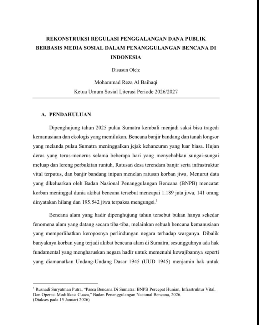 REKONSTRUKSI REGULASI PENGGALANGAN DANA PUBLIK BERBASIS MEDIA SOSIAL DALAM PENANGGULANGAN BENCANA DI INDONESIA
